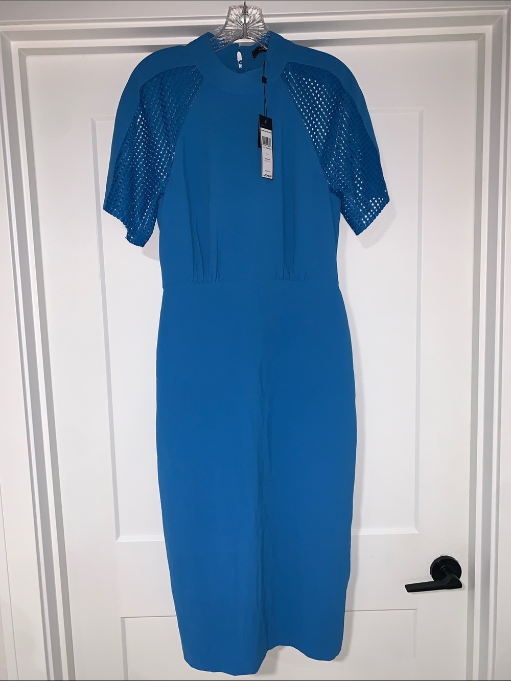BCBGMaxAzria Cobalt Blue Midi Dress with Mesh Short Sleeves